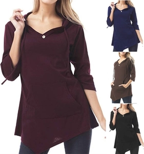 Detailed view of women V-neck hooded top with asymmetric hem and functional kangaroo pocket