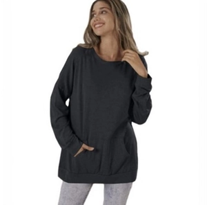 Close-up of black oversized long sleeve top with crew neck and front side pockets