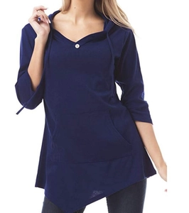 Detail of dark blue V-neck hooded blouse with kangaroo pocket and asymmetric hemline