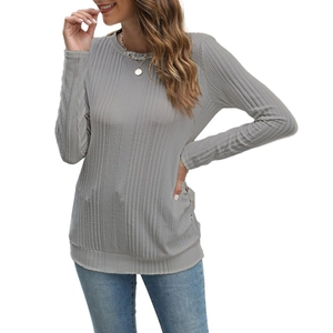 Light gray ribbed long sleeve T-shirt for women featuring side button details and crew neck