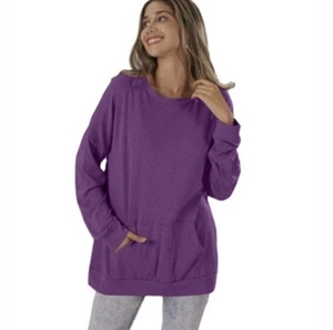 Close-up of a purple loose fit crewneck sweatshirt featuring a front pocket and ribbed cuffs