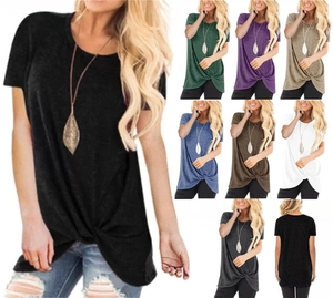 Detail shot of the front knotted hem design on casual round neck short sleeve t-shirts