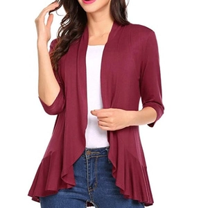 Women's slim fit burgundy cardigan with 3/4 sleeves and ruffled hem design