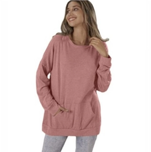 Detail of loose fit long sleeve top featuring a functional front kangaroo pocket