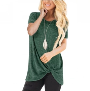 Close-up of dark green t-shirt featuring a stylish front knot detail and round neck