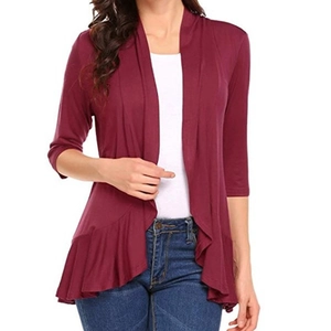 Detail of burgundy open cardigan with 3/4 sleeves and elegant ruffled hem design