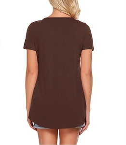Rear view of a loose dark brown tunic t-shirt with short sleeves and a curved hemline