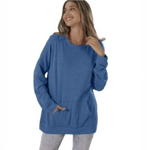 Detail of blue crewneck sweatshirt featuring a large functional kangaroo pocket design