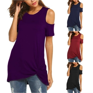T-Shirt Décontracté pour Femmes Épaules Dénudées Manches Courtes Col Rond Nœud Torsadé Ourlet Été Mode Top
