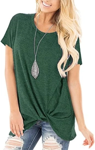 Detail of dark green women's T-shirt with twist knot front and soft cotton fabric