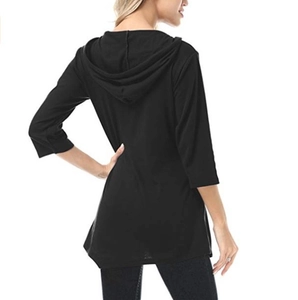 Back view of slim fit black hooded tunic top with casual three-quarter sleeves