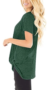 Detail of dark green knot-hem short sleeve T-shirt with melange texture and loose fit