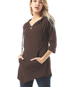 Detail of V-neck hoodie with drawstring, single button accent and asymmetric hem design
