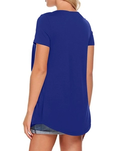 Back view of loose short-sleeved royal blue T-shirt with a curved hem design