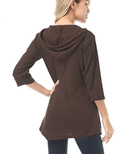 Rear view of brown hooded top with 3/4 sleeves and slim fit longline cut details