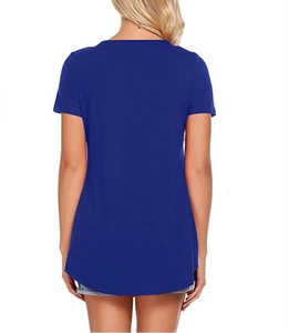 Rear view of royal blue short sleeve T-shirt with curved hem and slim fit cut