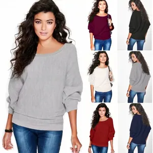 Pull en Tricot Ample Décontracté pour Femmes Manches Chauve-souris Longues Col Rond Couleur Unie Streetwear Chaud pour Hiver