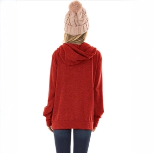 Rear view of a red drawstring hoodie with a relaxed fit and soft brushed texture