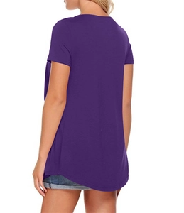Detailed back view of a loose dark purple V-neck T-shirt with a curved hemline