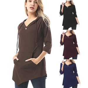 Women Casual Hooded Top V Neck Button Detail Kangaroo Pocket Asymmetrical Hem 3/4 Sleeve Solid Color Knitted Pullover Top