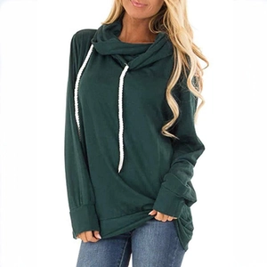 Detail of dark green hoodie featuring cowl neck design and contrast white drawstring