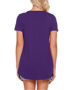 Rear view of long deep purple short-sleeve T-shirt with curved hem and round neck