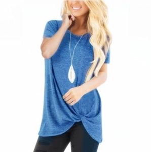 Detail of sea blue short sleeve t-shirt featuring a stylish knotted hem design for women