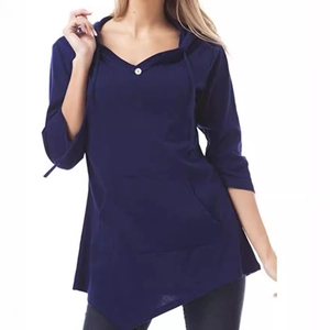 Navy blue V-neck hoodie for women with drawstring, button detail, and asymmetric hemline