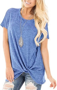 Detail of blue knot-front hem design on a casual round-neck short sleeve T-shirt
