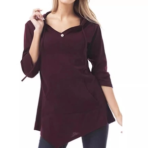 Women's V-neck burgundy tunic top with hooded design, front pocket and 3/4 sleeves