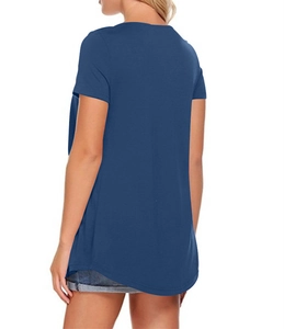 Rear view of a loose dark blue short-sleeve V-neck t-shirt with a curved hem design