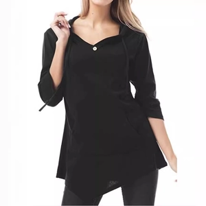 Women's black V-neck hooded top with kangaroo pocket and asymmetrical hemline design