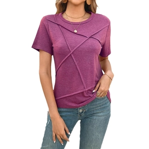 Women's casual purple short sleeve T-shirt with stylish crisscross stitching details