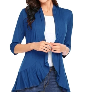 Women's navy blue open front cardigan with ruffle trim and three-quarter sleeves