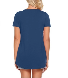 Rear view of dark blue loose fit V-neck short sleeve T-shirt with a curved hem design