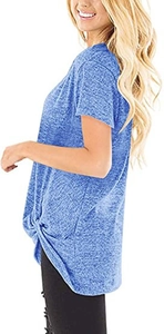 Detail of light blue short sleeve T-shirt featuring a stylish side knot hem design