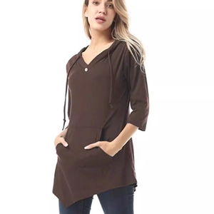 Women's dark coffee V-neck hooded top with kangaroo pocket and asymmetrical hemline