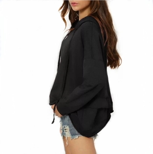 Side view of black drawstring hoodie featuring a relaxed fit and dropped shoulders