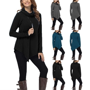 Women Casual Cowl Neck Long Sleeve Top Asymmetrical Hem Solid Color Polyester T-Shirt Fall Streetwear Loose Blouse