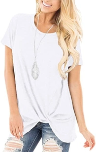 Close-up of a white short-sleeved T-shirt featuring a stylish knotted hem design detail