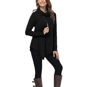 Detail of black turtleneck top with unique asymmetric hem and long sleeves for women