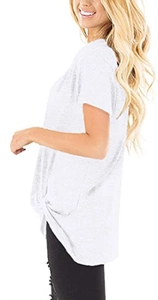 Detail view of the side knot hem on a white short sleeve casual cotton T-shirt