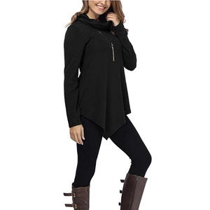 Women's black turtleneck knit top featuring a stylish irregular hem and long sleeves