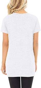 Rear view of a long white short-sleeve T-shirt with a round neck on a female model