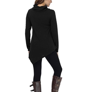 Rear view of black turtleneck top featuring an asymmetric hem and soft knit fabric