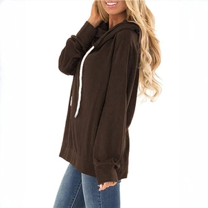 Detail view of coffee brown drawstring hoodie with thick white cords and long sleeves