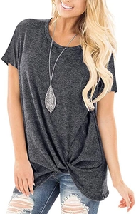 Detail of a dark grey crew neck T-shirt featuring a stylish knotted hem design for women