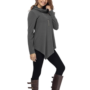 Detail of dark gray cowl neck top with unique asymmetrical hem for women in autumn