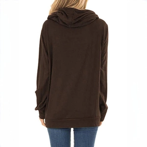 Rear view of brown drawstring hoodie featuring ribbed cuffs and a relaxed fit design