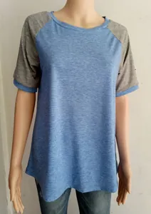 Detail view of raglan sleeves with blue and grey color blocking on short sleeve t-shirt